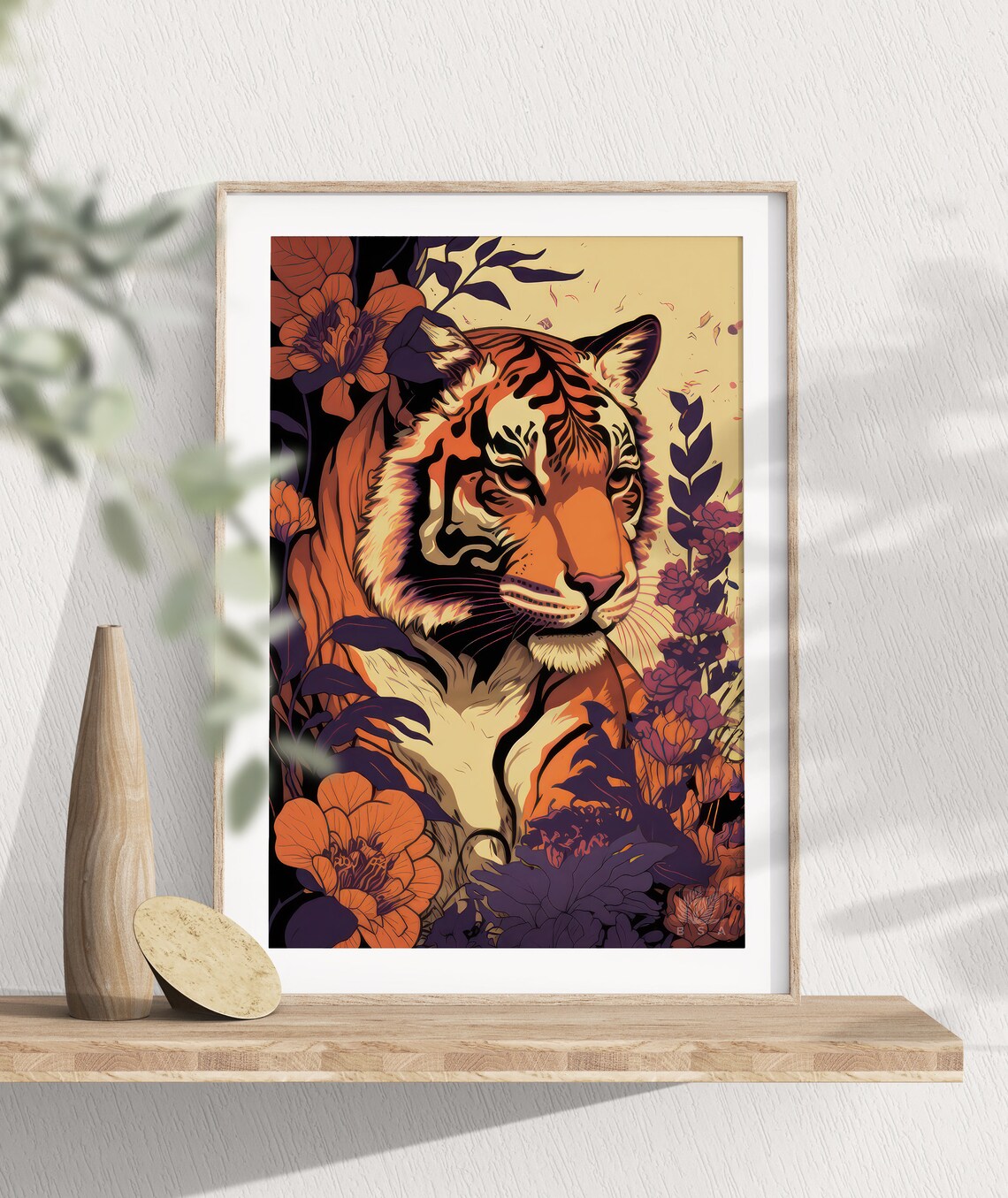 Vintage Tiger in Flowers, Retro Animal Art Print