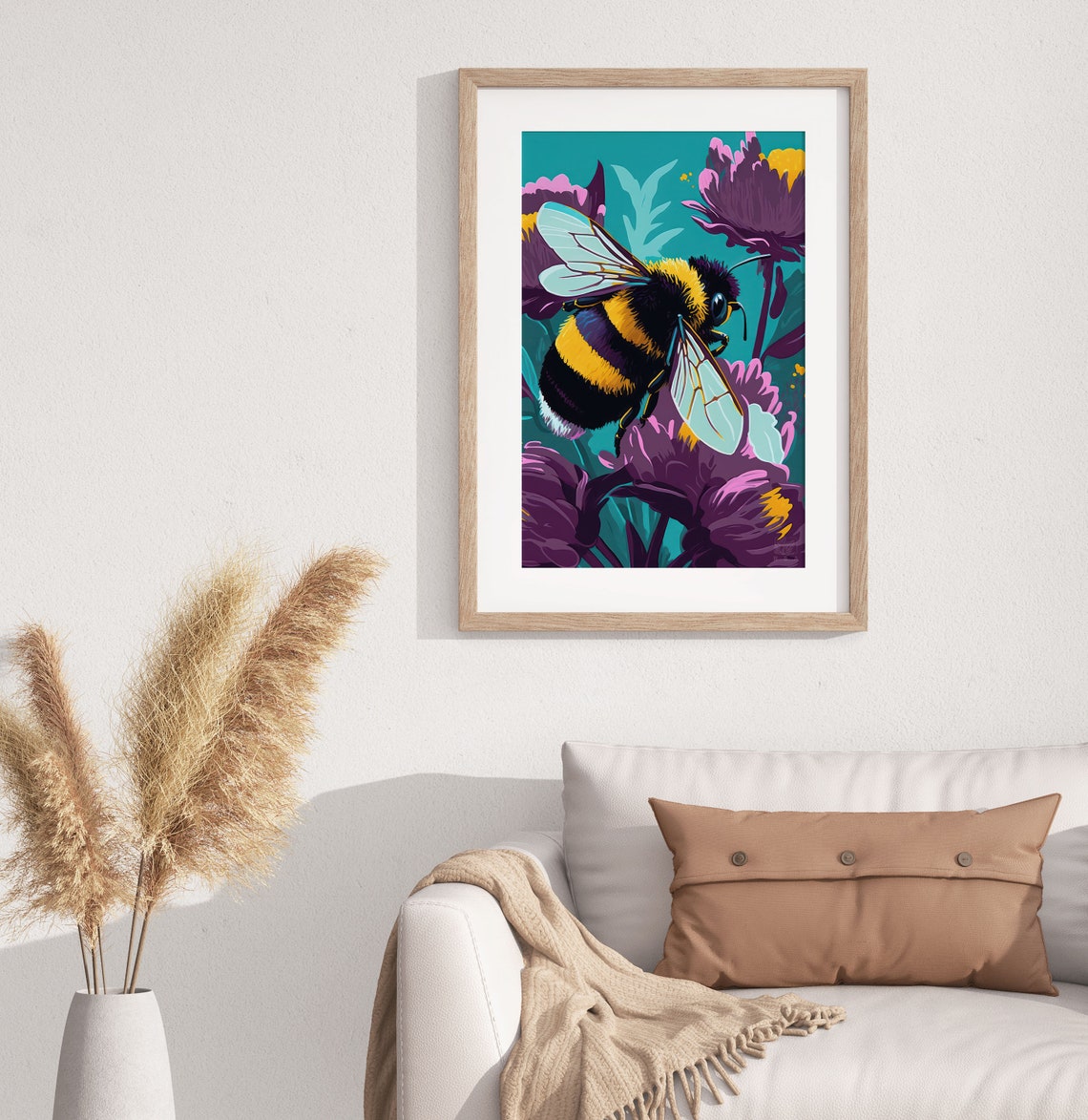 Bumblebee With Purple Flowers Bold Teal Botanical Art Poster