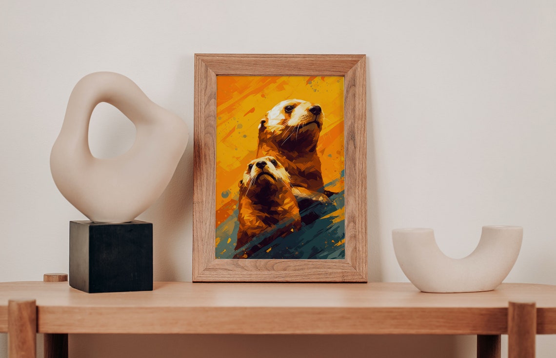 Sea Otter Pair Golden Orange Sunset Modern Ocean Wildlife Poster - Image 2