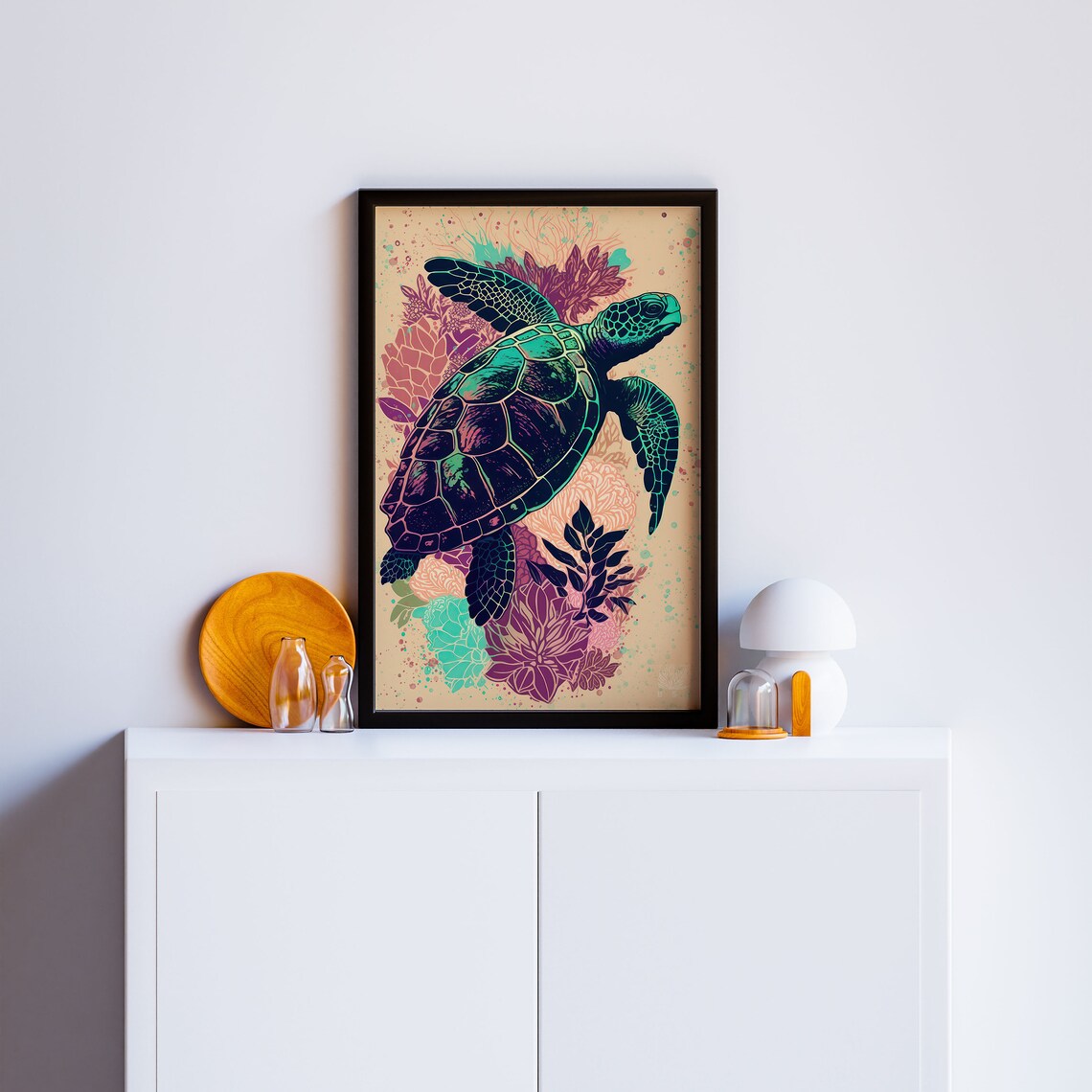 Green Sea Turtle Swimming Over Vibrant Coral Garden Art Poster - Image 3