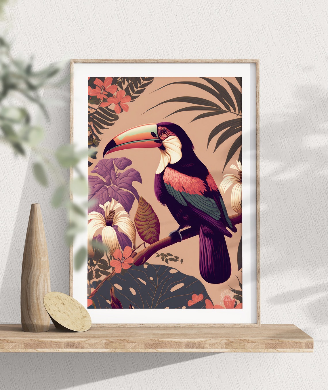Tropical Toucan Poster Perched Among Flowers Peach Botanical Art - Image 3