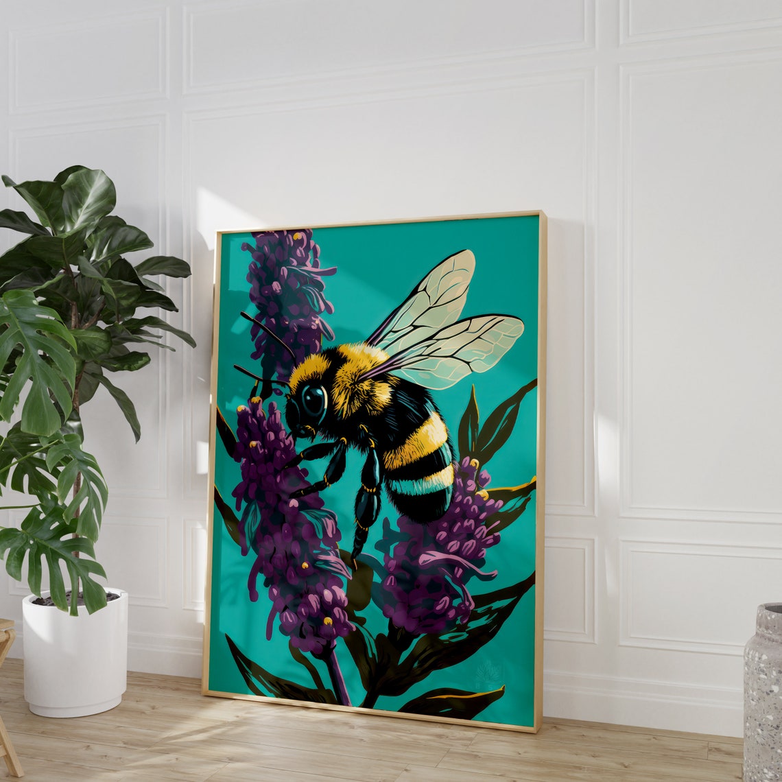 Bumblebee On Lavender Flower Spikes Teal Botanical Wildlife Poster - Image 2