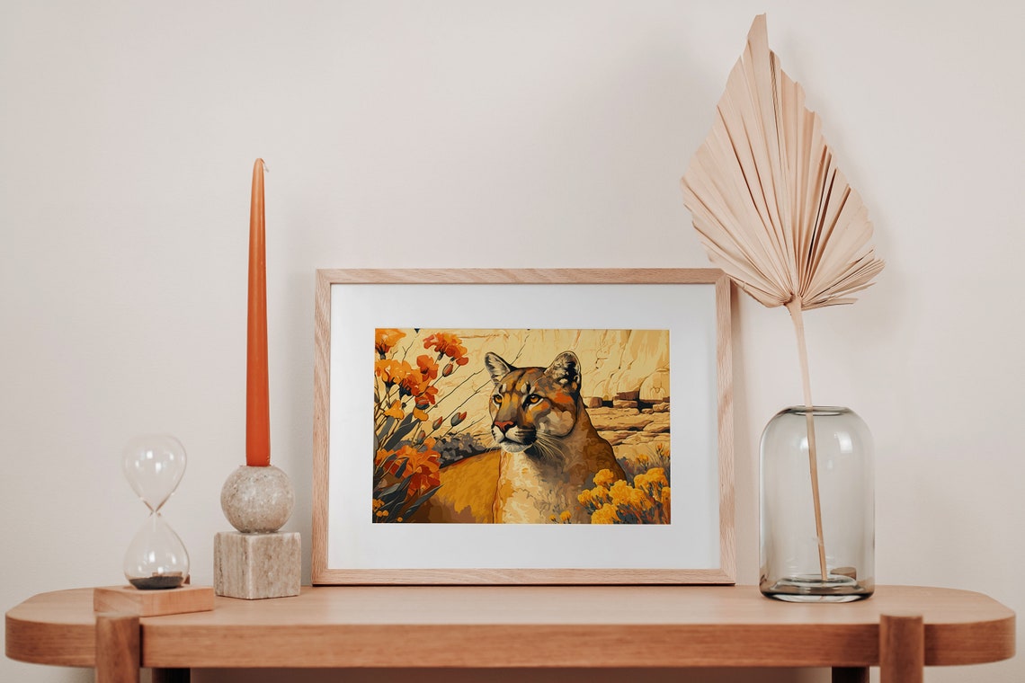 Mountain Lion Wild Poppies Desert Canyon Botanical Wildlife Poster - Image 3