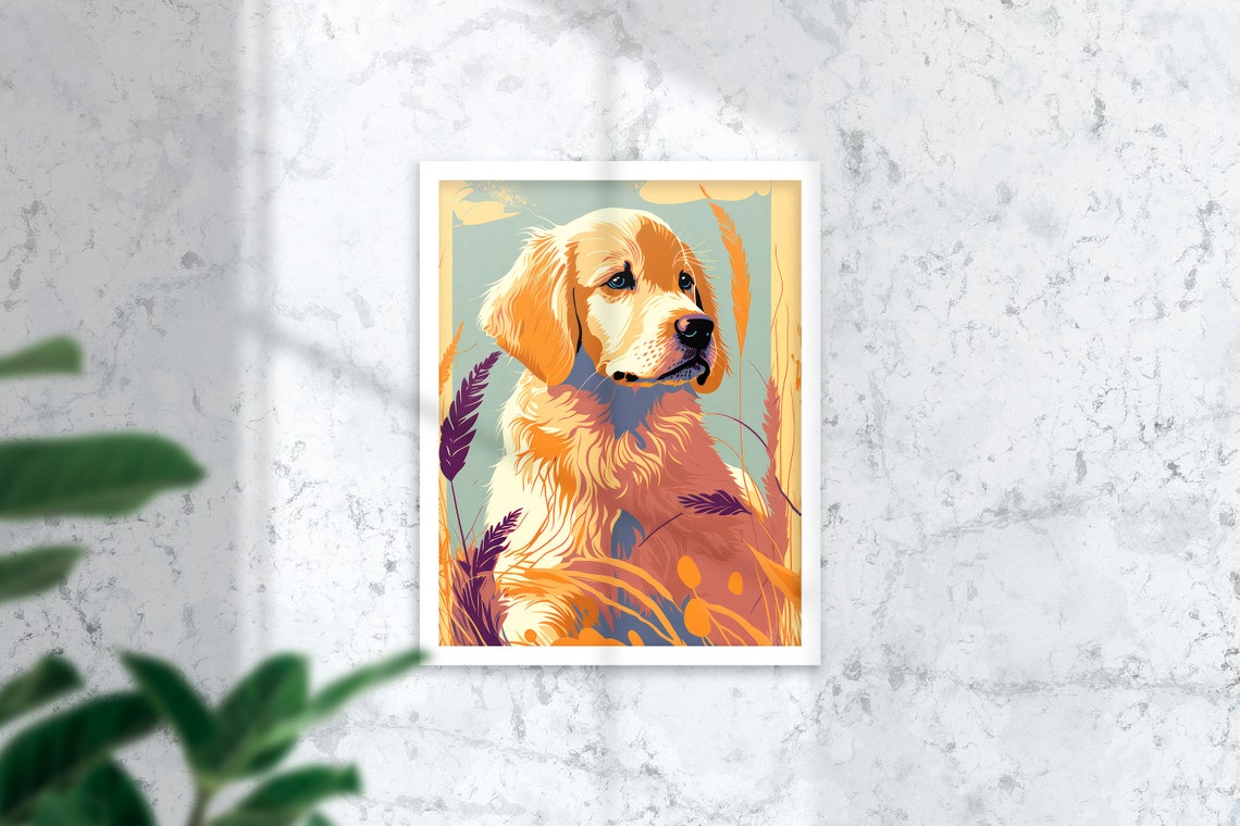 Golden Retriever Puppy Poster Wheat Field Warm Autumn Dog Art Decor - Image 2