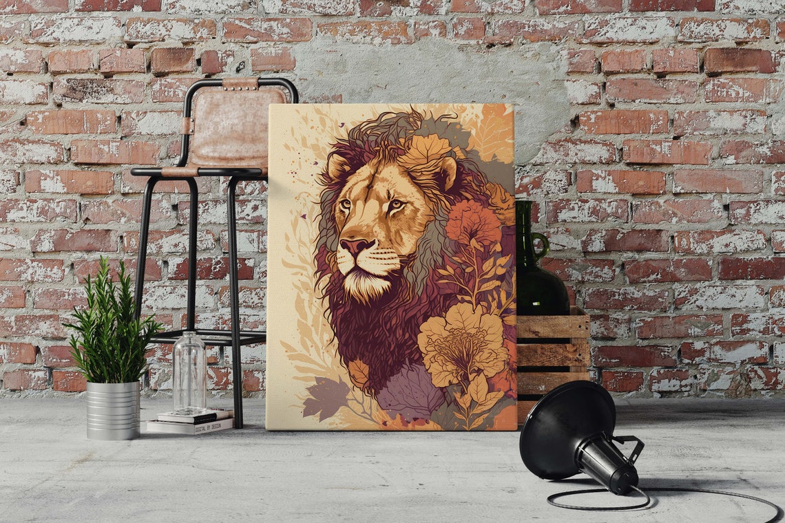 Lion Head Golden Autumn Flowers Botanical Modern Wildlife Poster - Image 2
