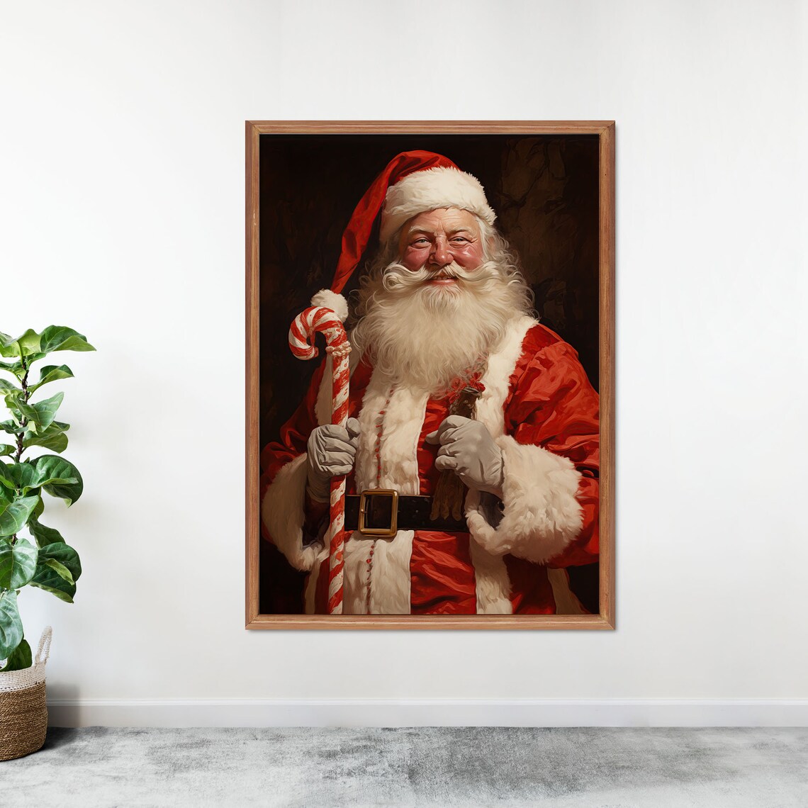 Classic Santa Claus Holding Candy Cane Dark Background Vintage Wall Art - Image 2