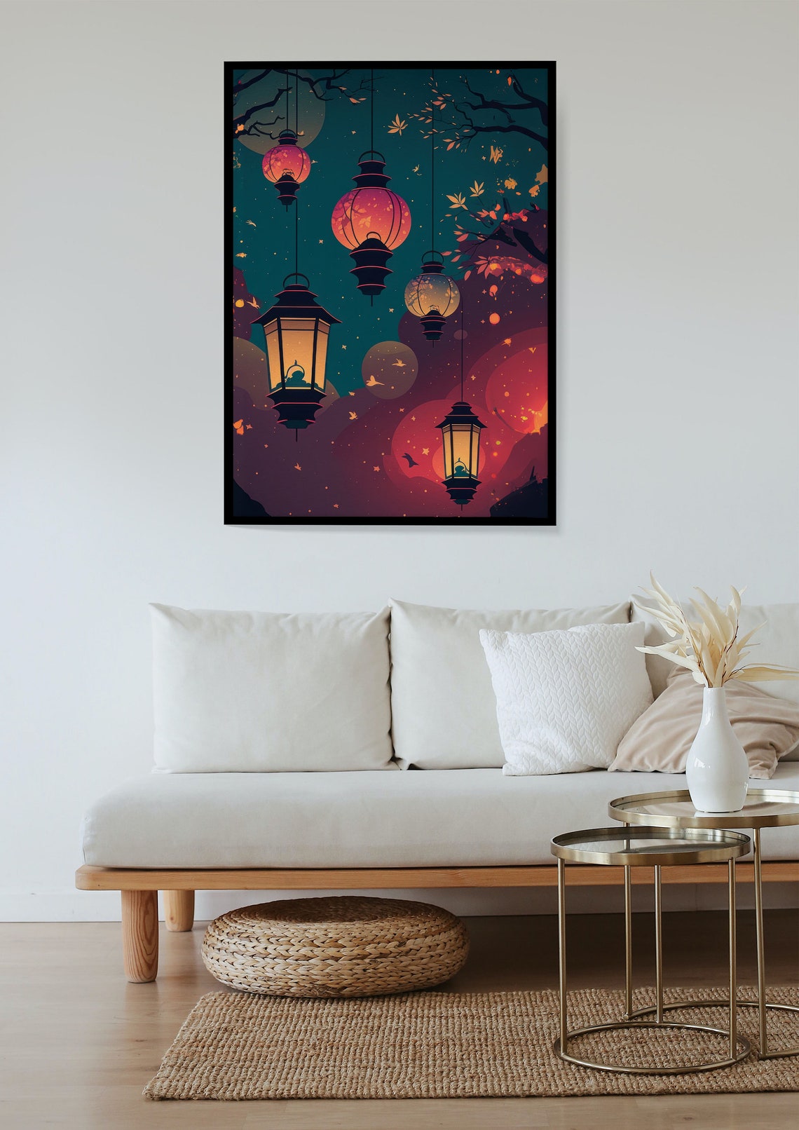 Japanese Night Lanterns Teal Sky Glowing Cozy Eastern Scene Wall Art - Image 3