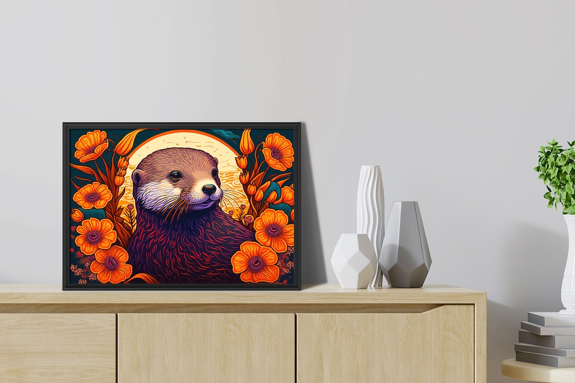 Sea Otter Sunset Orange Poppy Field Art Nouveau Wildlife Poster - Image 3