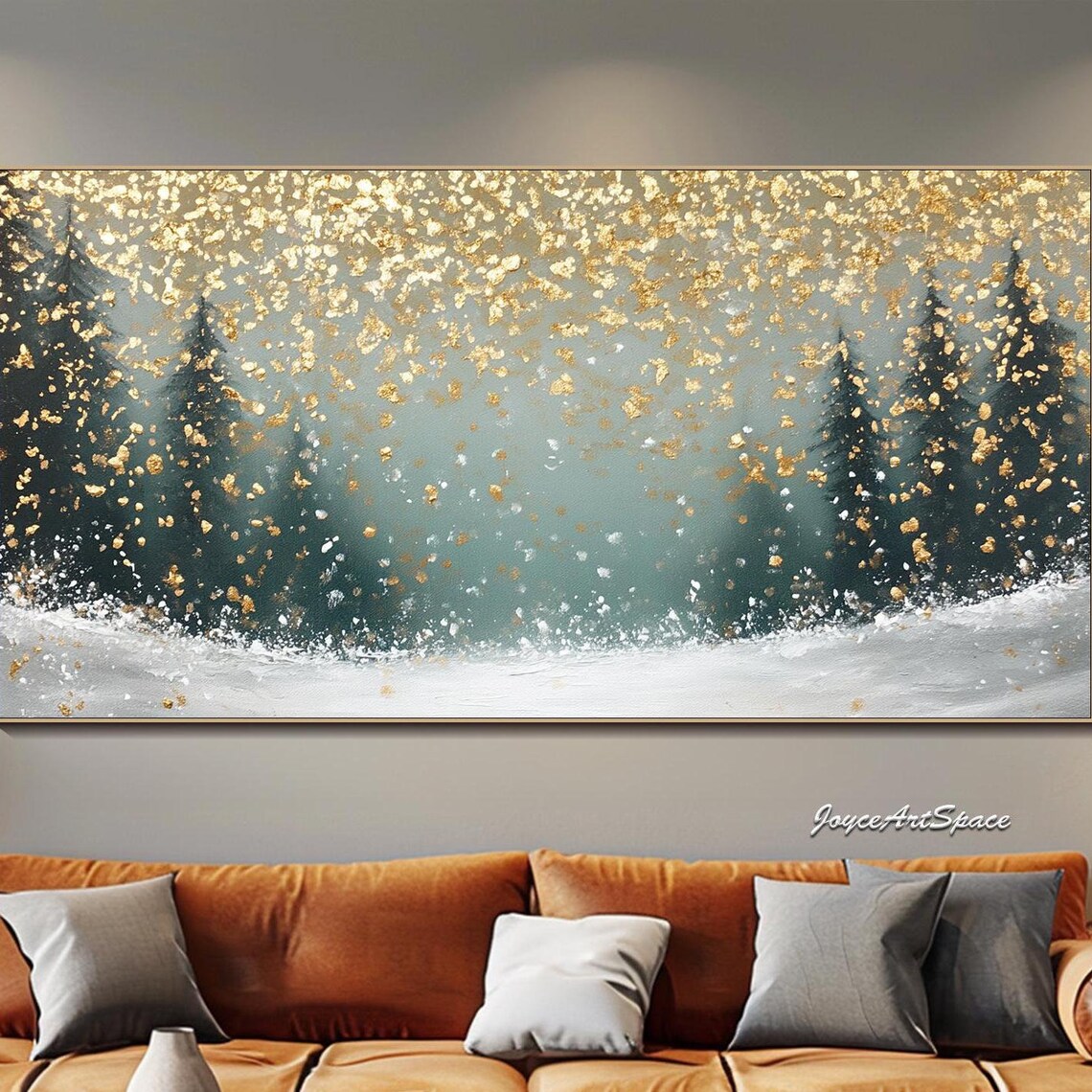 Snowy Winter Forest Gold Leaf Abstract Textured Oil Painting Art Print