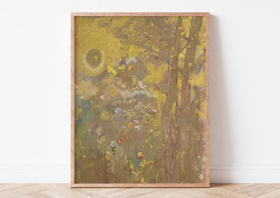 Wall Art Oil Painting Poster Vintage Print Home Decor Minimal Trees On A Yellow Background Odilon Redon