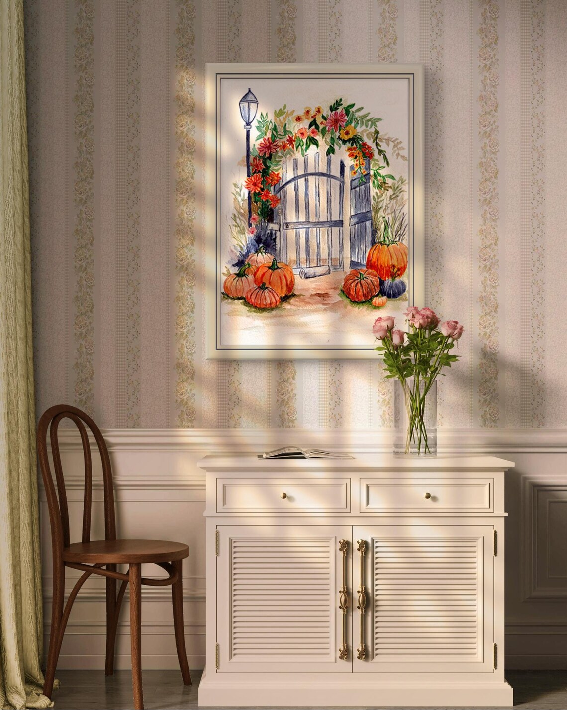 Autumn Garden Gate Pumpkins Fall Flower Arch Watercolor Print
