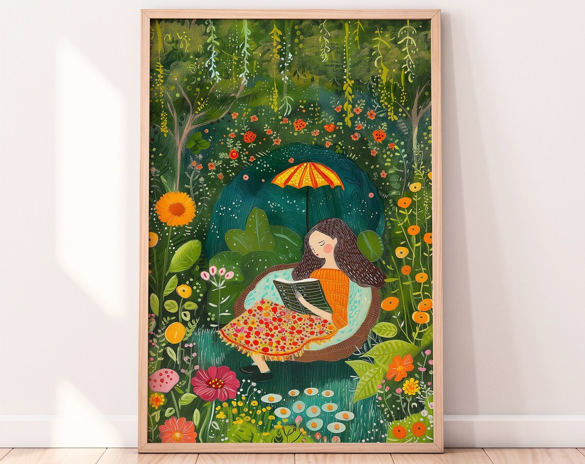 Reading In The Garden Art Print, Book Lover Decor
