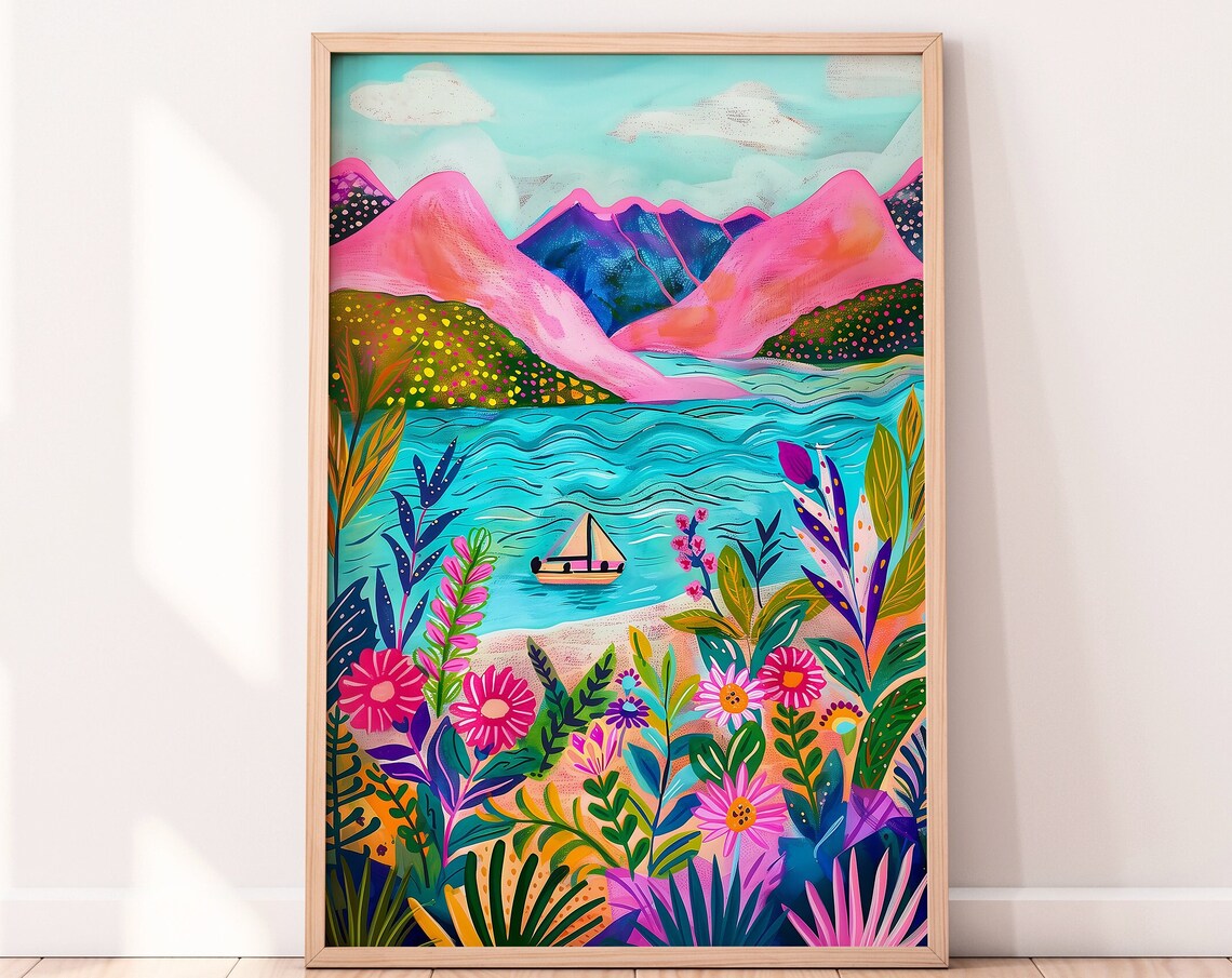 Vibrant Pink Mountain Lake Sailboat Tropical Flower Garden Art Poster - Image 2