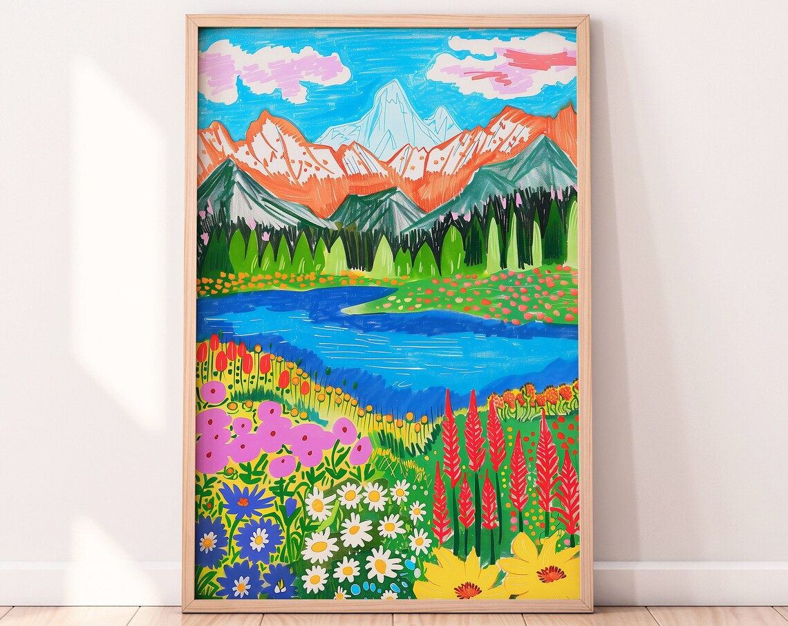 Colorful Mountain Flowers Painting, Nature Landscape Art