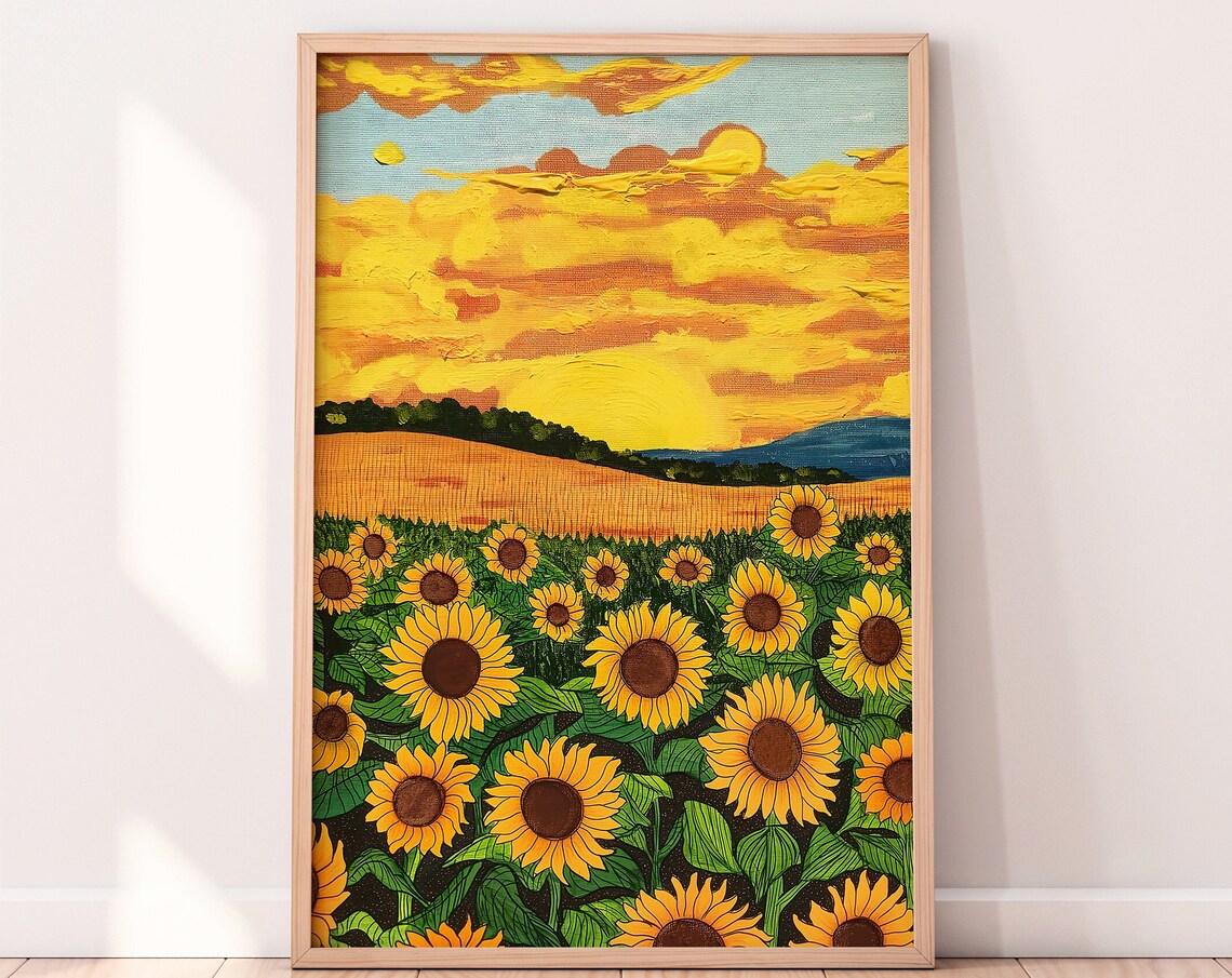 Sunflower Field Golden Sunset Farm Meadow Oil Style Wall Art