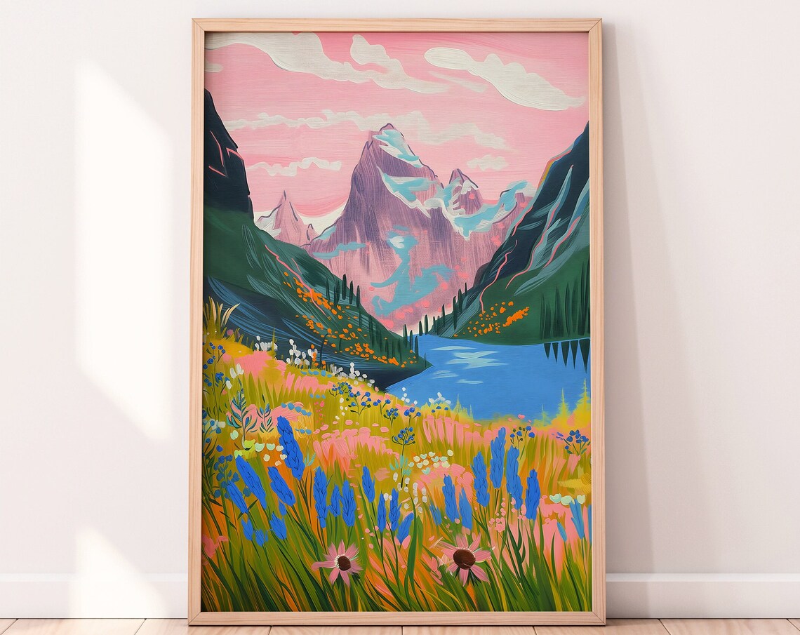 Abstract Pink Mountain Art Print, Colorful Lake Illustration