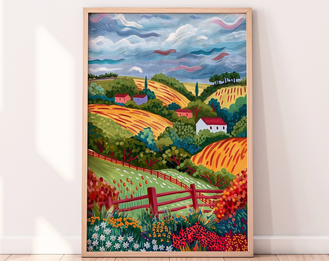 Colorful Countryside Print Rolling Hills Village Wildflowers Fence Art