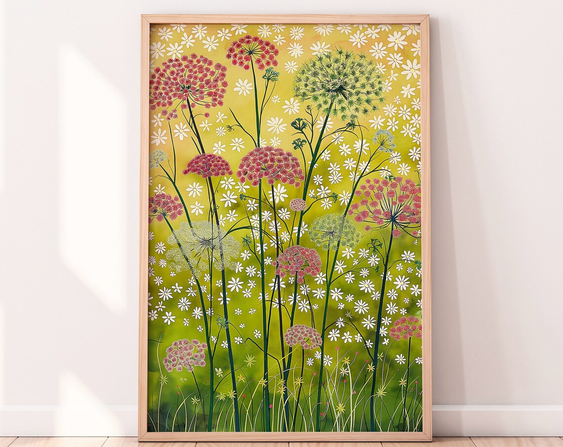 Queen Annes Lace Wildflowers Green Yellow Botanical Art Poster