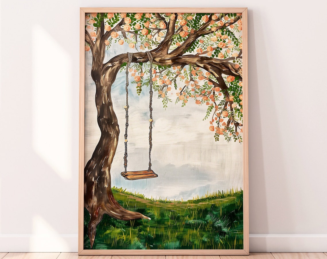 Wooden Swing Hanging From Blossoming Spring Tree Meadow Scene Poster - Image 2