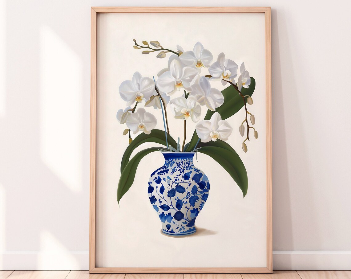 White Orchid Blooms Blue White Floral Vase Elegant Botanical Poster
