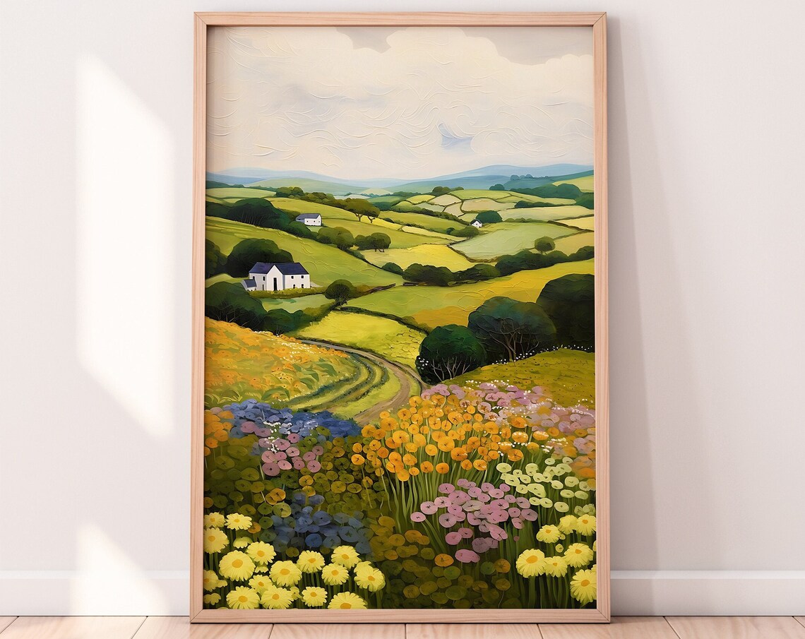 English Countryside Travel Poster, Rustic Meadow