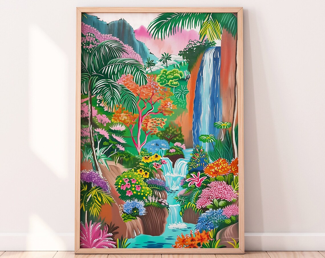 Tropical Waterfall Landscape, Botanical Leaf Art Print