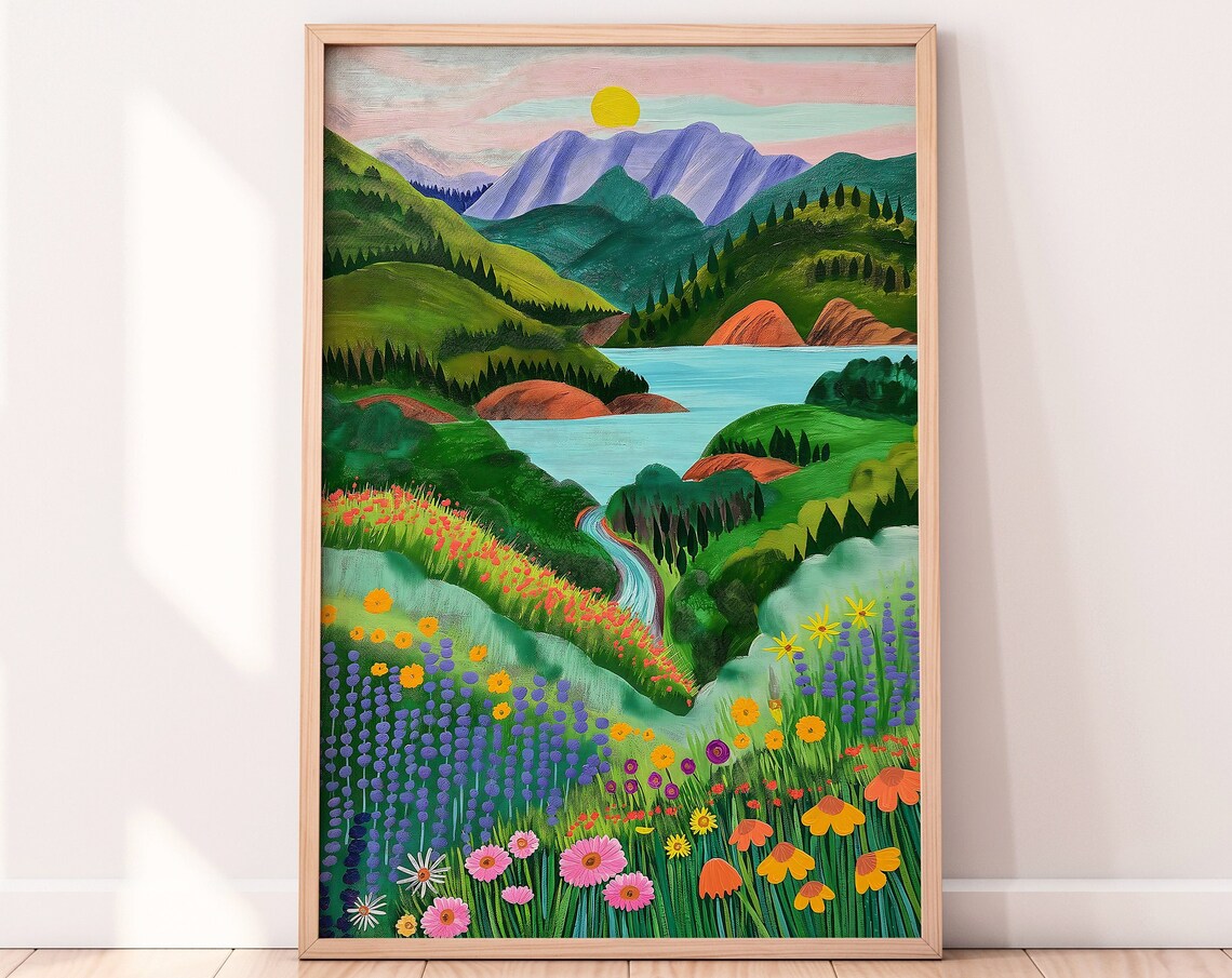 Alpine Flower Valley Sunrise Mountain Lake Lavender Meadow Print