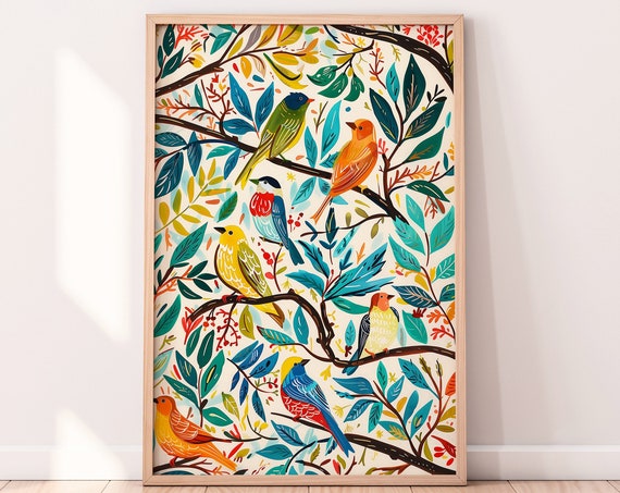 Colorful Birds Gouache Illustration Nursery Art