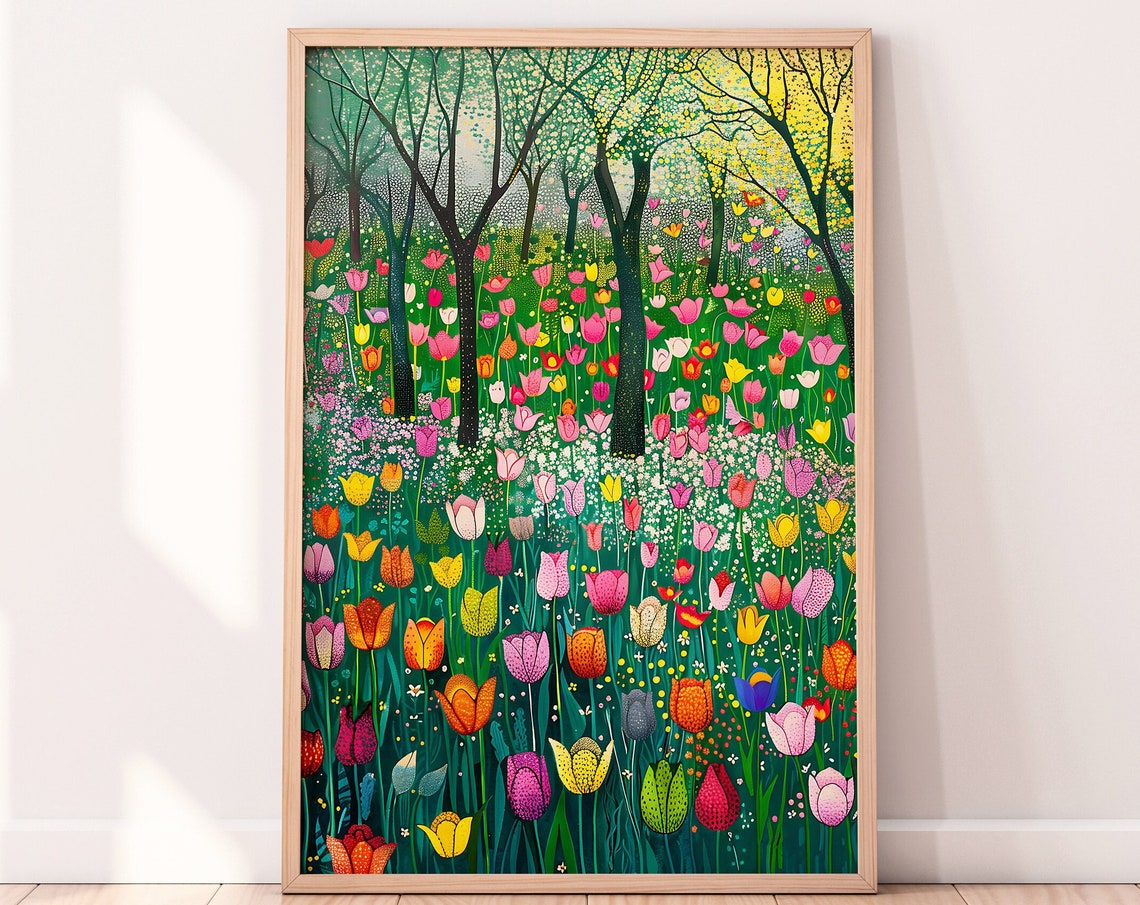 Colorful Tulip Field With Dotted White Trees Spring Art Print