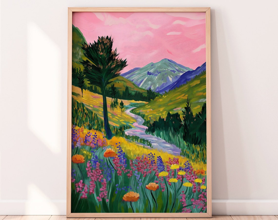 Bright Colorful Mountain Valley River Wildflower Pink Sky Wall Art