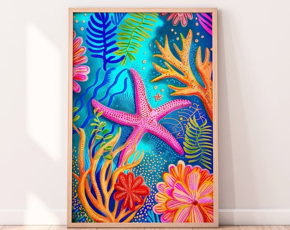 Ocean Pink Starfish Illustration Coral Reef Under The Sea Art Print Colorful Wall Art Art