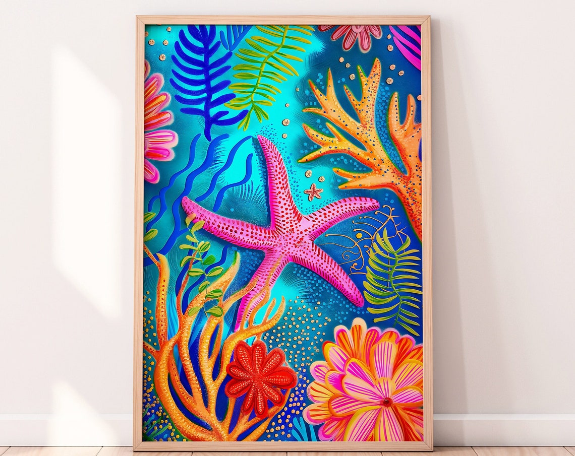 Pink Starfish Coral Reef Underwater Tropical Ocean Scene Poster