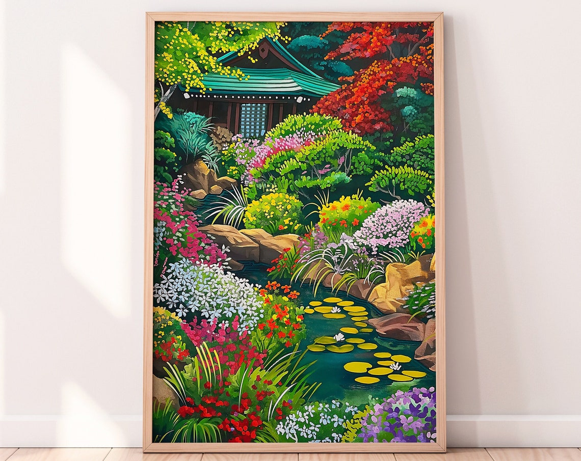 Japanese Garden Temple Floral Illustration Vibrant Spring Poster