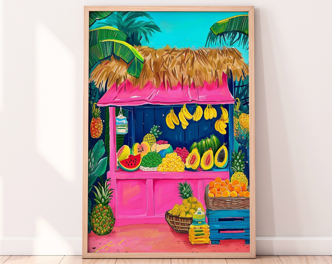 Tropical Fruit Shop Colourful Decor Kitchen Wall Art Pink Illustration