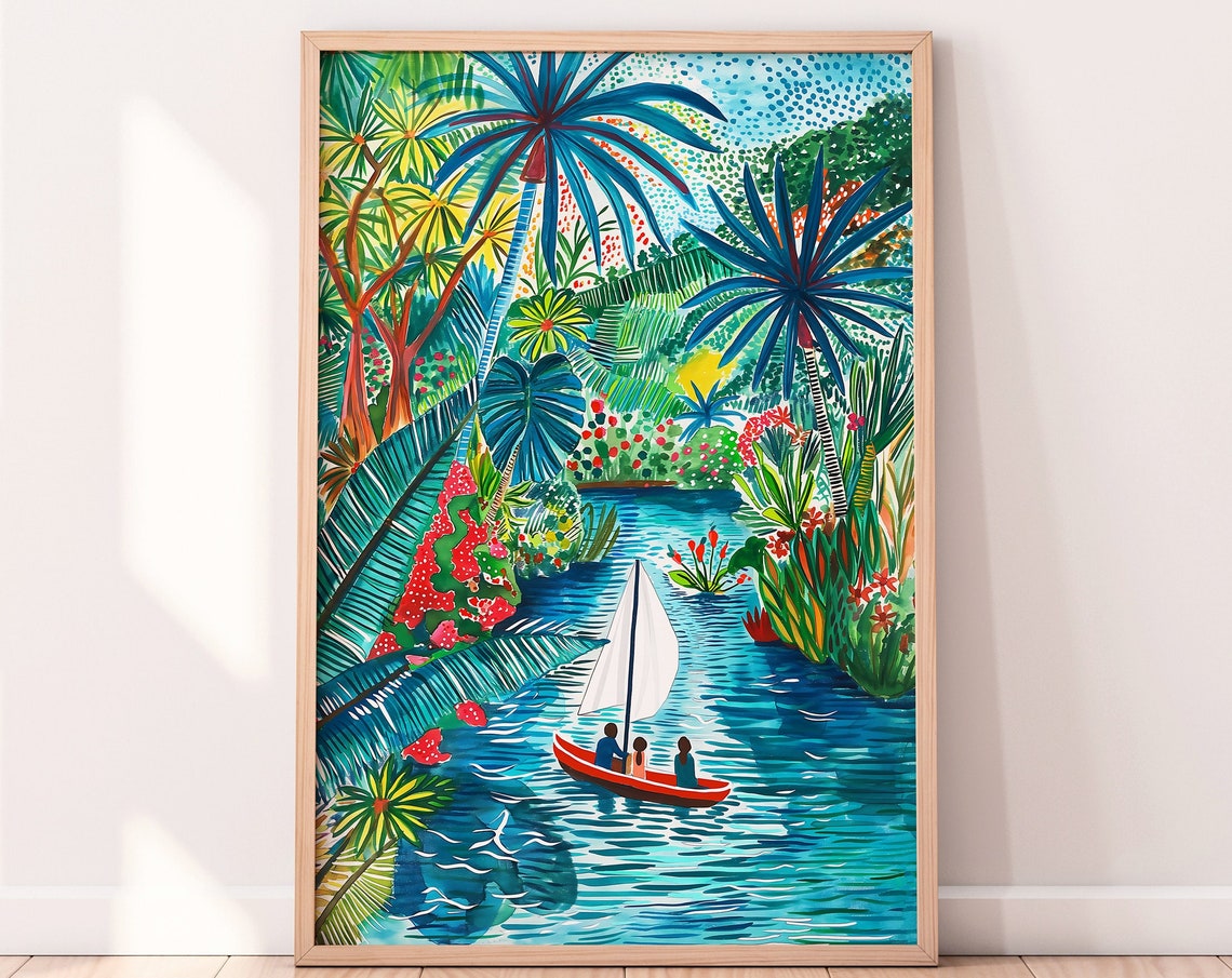 Sailboat on Tropical River with Palm Trees Jungle Travel Art Poster