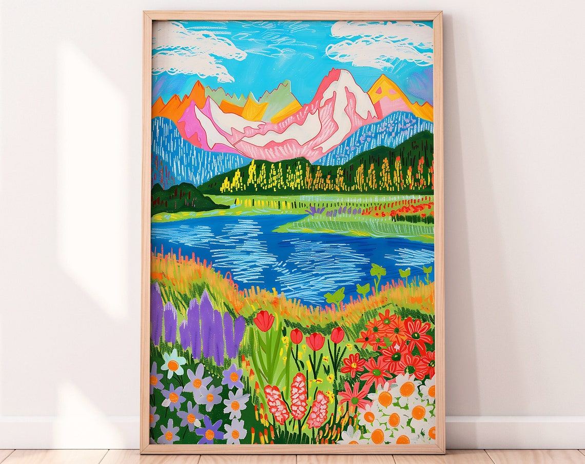 Colorful Mountain Lake Wildflower Meadow Alpine Landscape Print