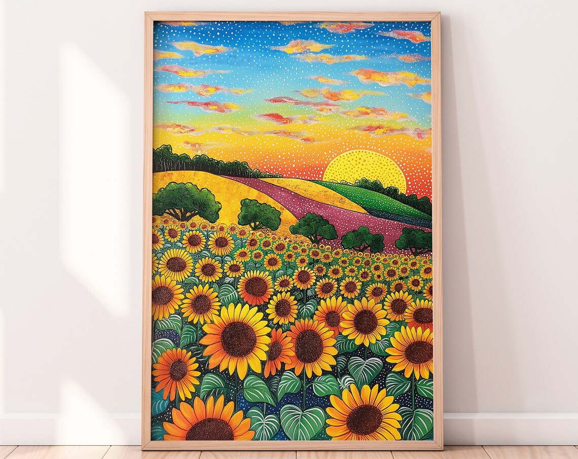 Sunflower Field Sunset Golden Sky Colorful Floral Landscape Poster