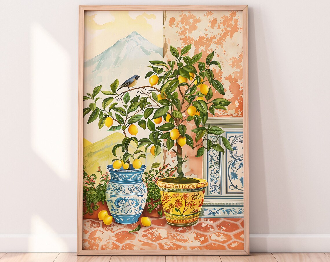 Sicily Lemon Trees Wall Art Potted Citrus Painting Mountain View Art