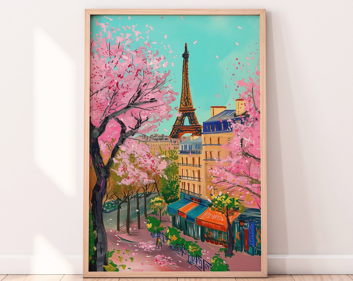 Paris Eiffel Tower Cherry Blossom Street In Spring Art Print