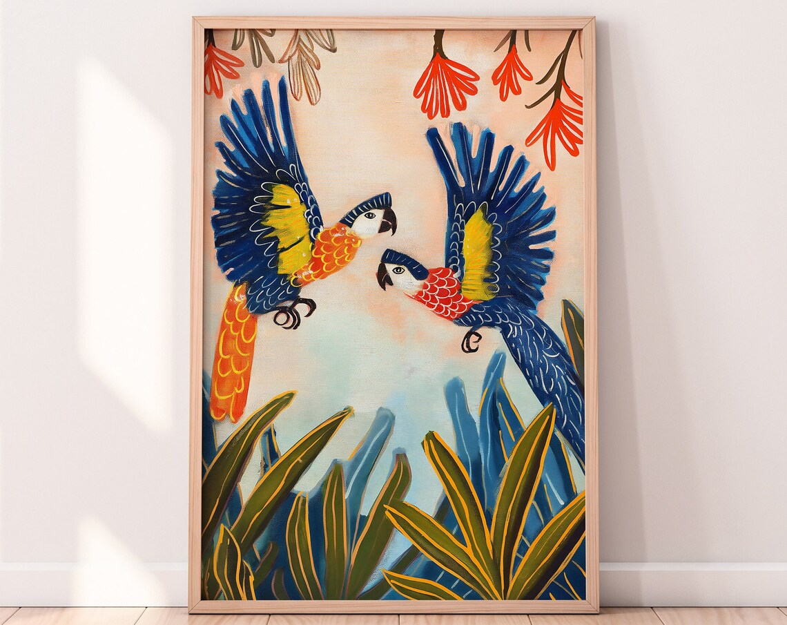 Two Colorful Parrots in Flight Over Tropical Leaves Floral Poster