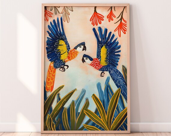 Cockatoos Colorful Illustration Tropical Scenery Wall Art Floral Summer Bright Vibrant Print