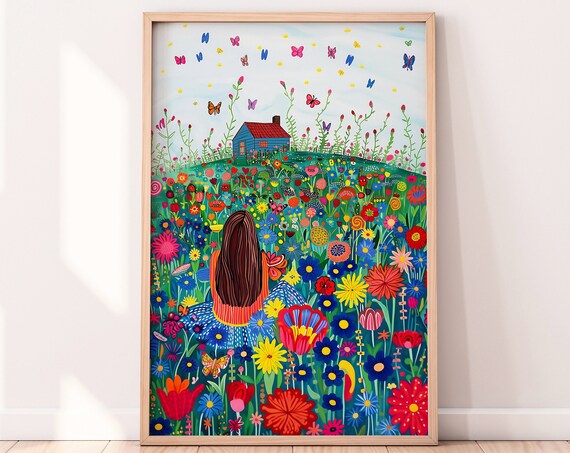 Girl in Wildflower Meadow Butterflies Cottage Kids Room Poster