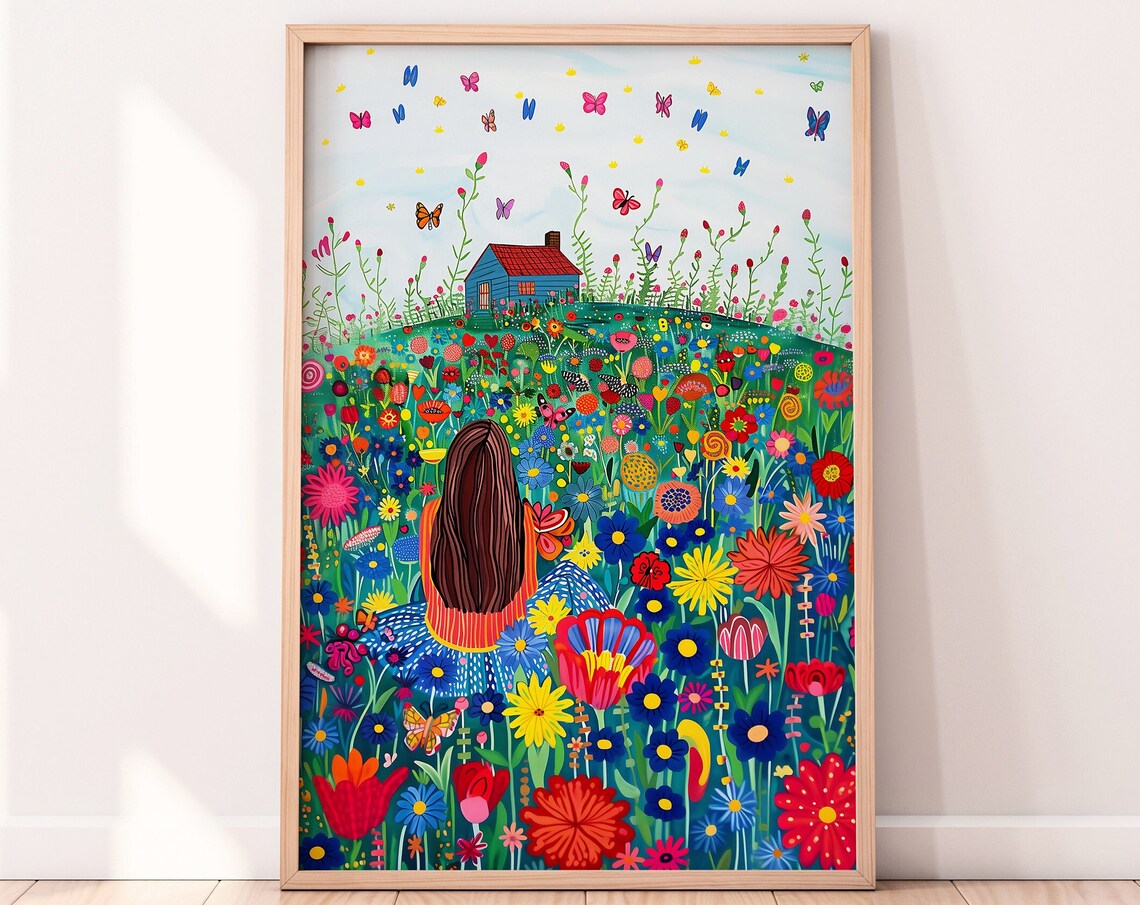 Girl in Wildflower Meadow Butterflies Cottage Kids Room Poster