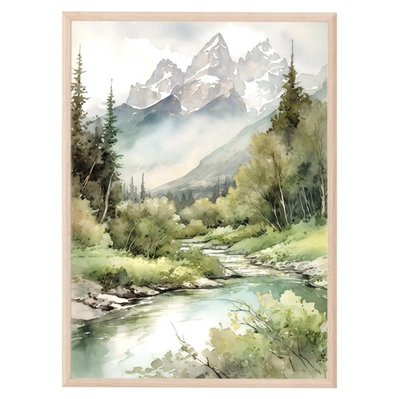 Mountain River Watercolor Art Print