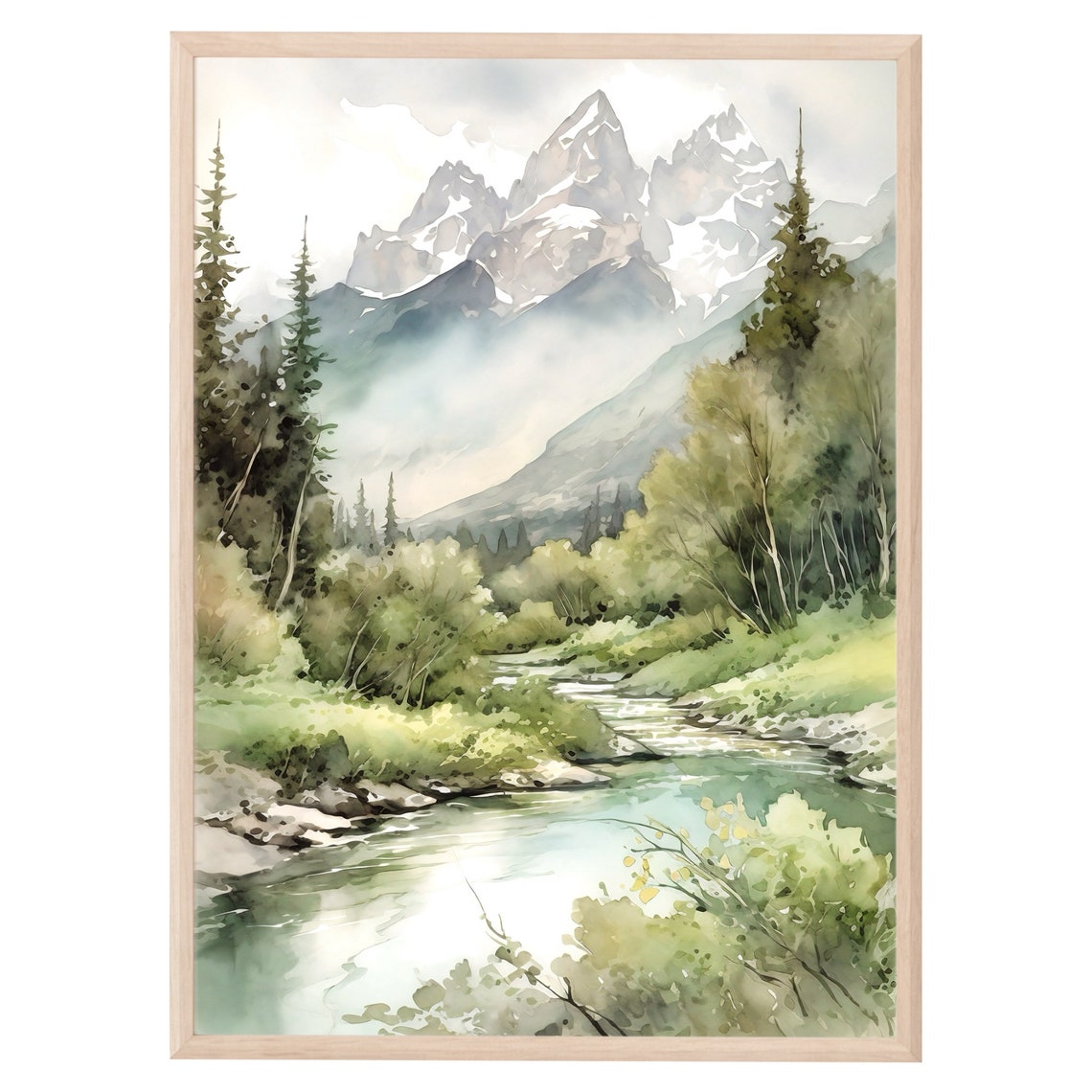 Mountain River Watercolor Art Print