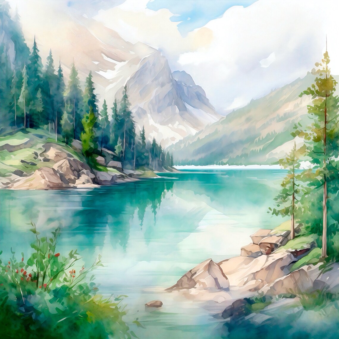 Mountain Landscape Lake Braies Watercolor Poster - Image 3