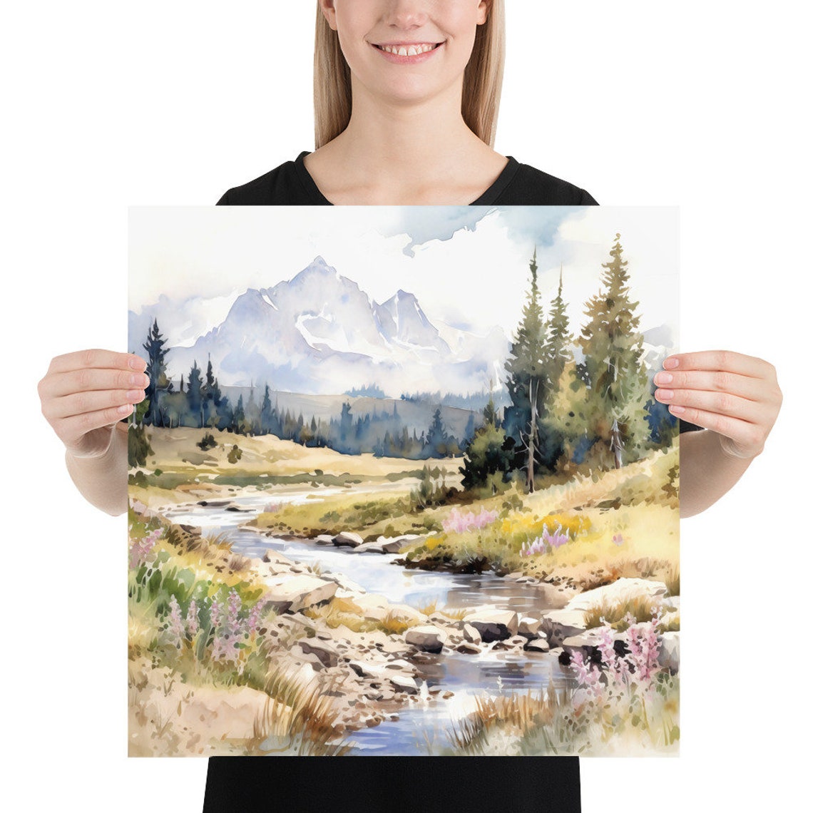 Colorado Landscape Watercolor Painting Neutral Art Print Mountain Artwork Foggy Forest Square Poster Wall Art By Totoron - Image 2
