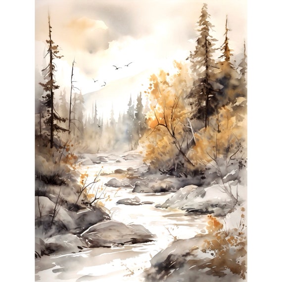 Little Susitna Alaska River Watercolor Painting Art Print Mountain Fall Wall Art Travel Artwork Home Decor Gift