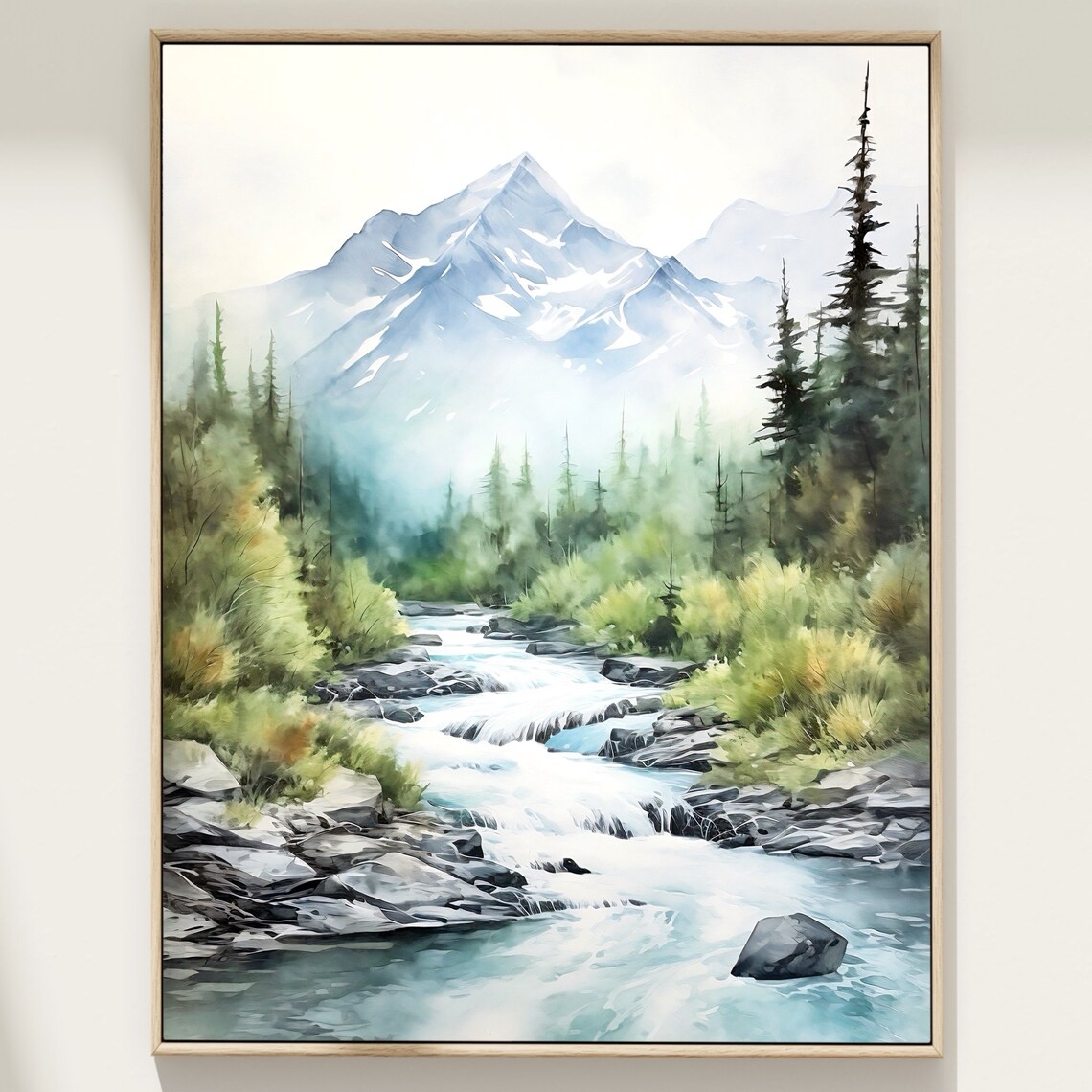 Mountain River Watercolor, Pine Tree Landscape Art Print