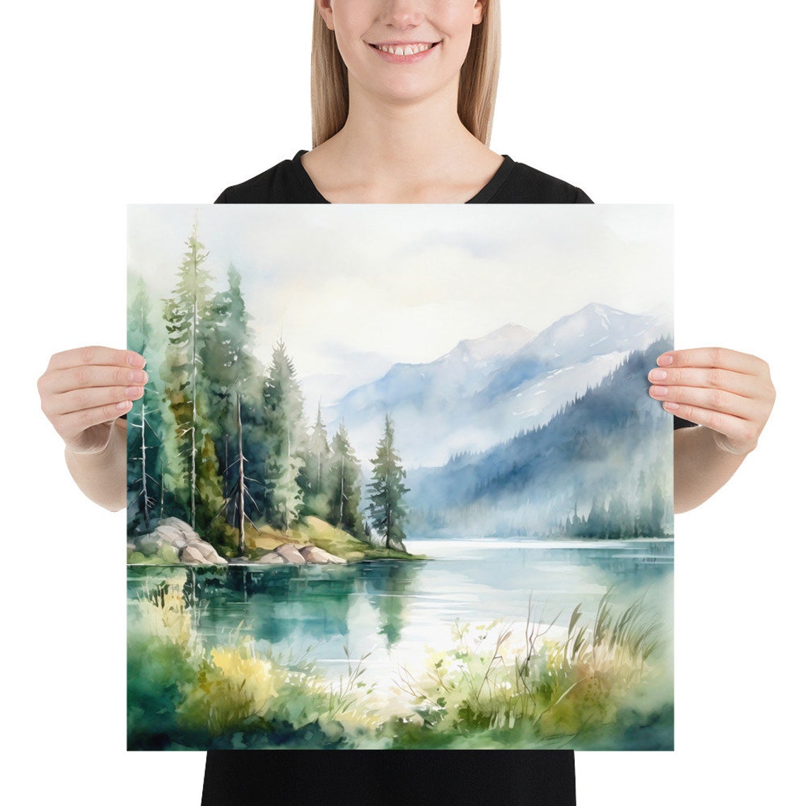 Lake Braies Watercolor Square Art Print Mountain Landscape Wall Art Painting Poster Home Decor Gift Art - Image 2